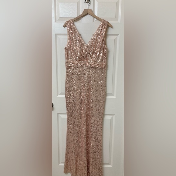 badgley mischka rose gold dress MACloth Straps V Neck Sequin Bridesmaid Dress Rose Gold Formal Evening Gown Custom Color / Floor Length / US2